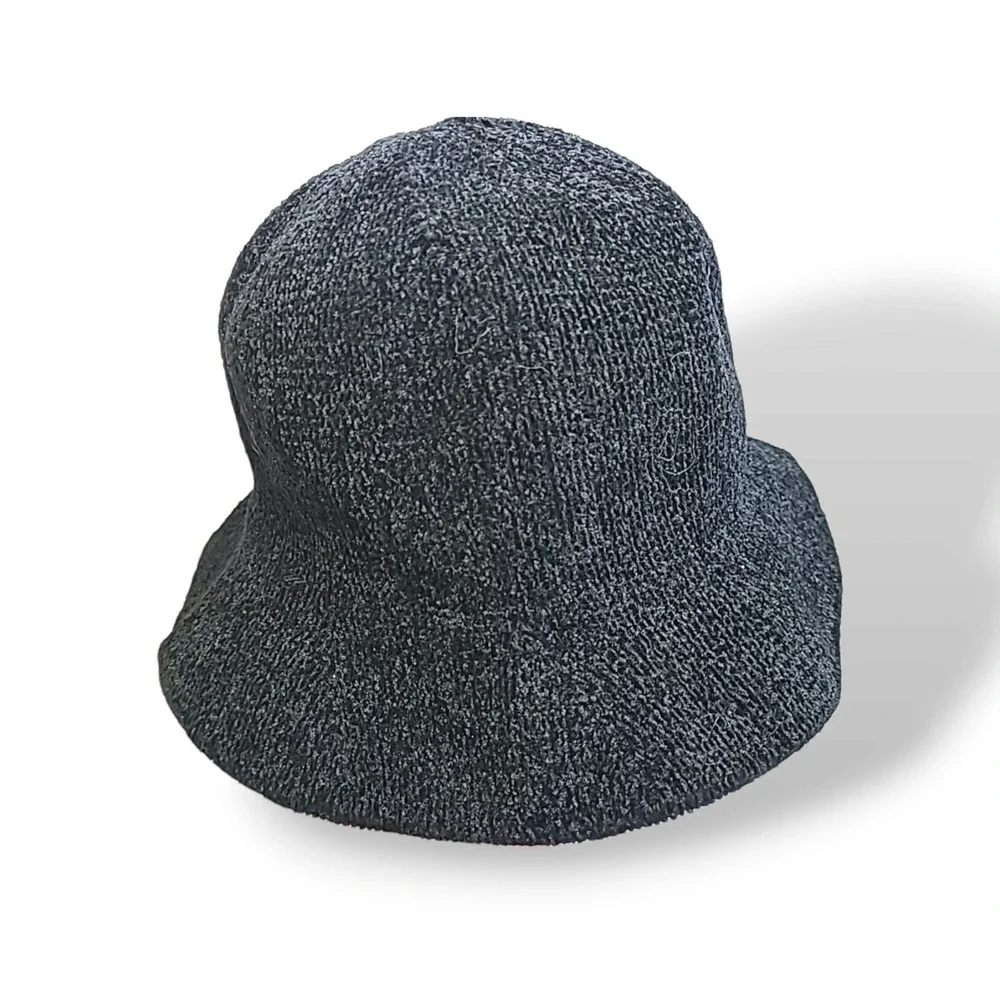 Lea Journo Black Knit Bucket Hat Wide Brim Textured Logo Plaque NWOT